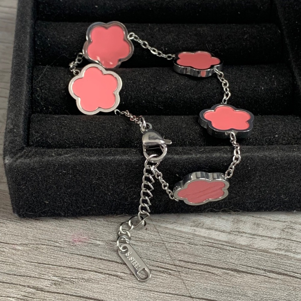 Pink Enamel Flower Stainless Steel Adjustable Link Bracelet Silver Tone 4980